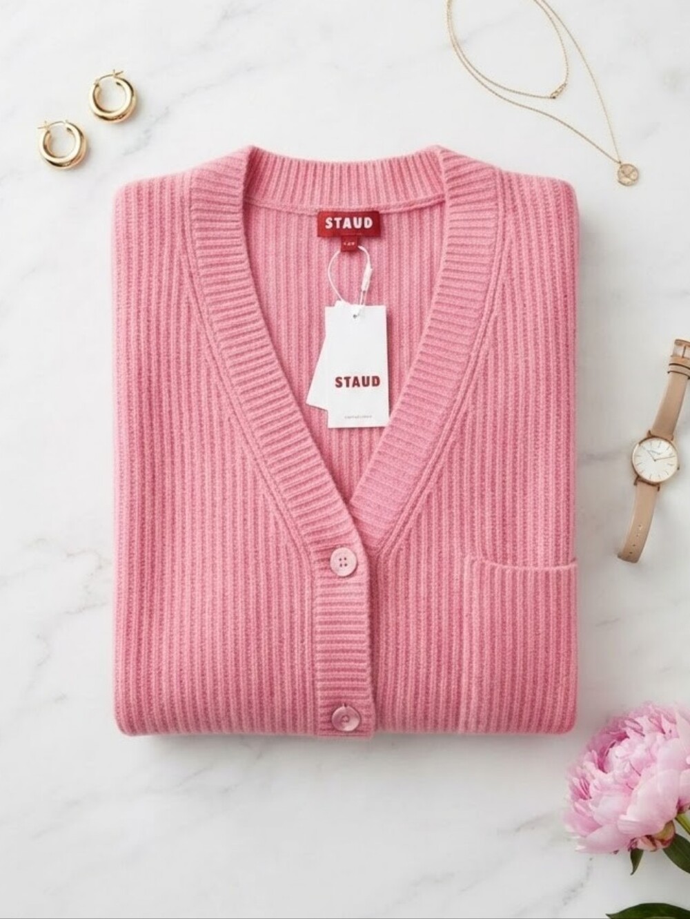 STAUD Pink Ribbed V-Neck Button Cardigan Sweater Size Large